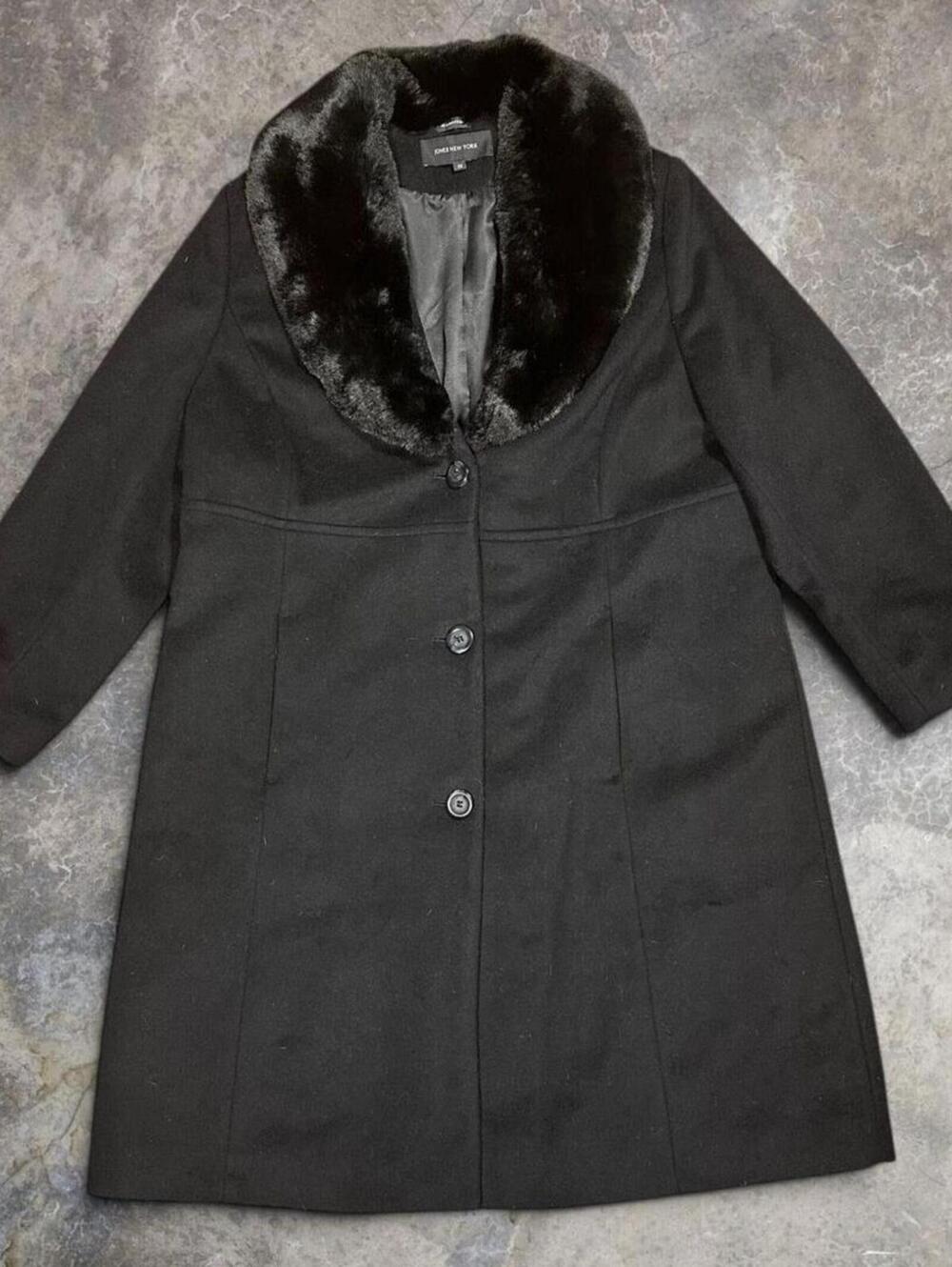 Jones New York Black Wool Overcoat Faux Fur Collar Women's Sz 0X | Elegant
